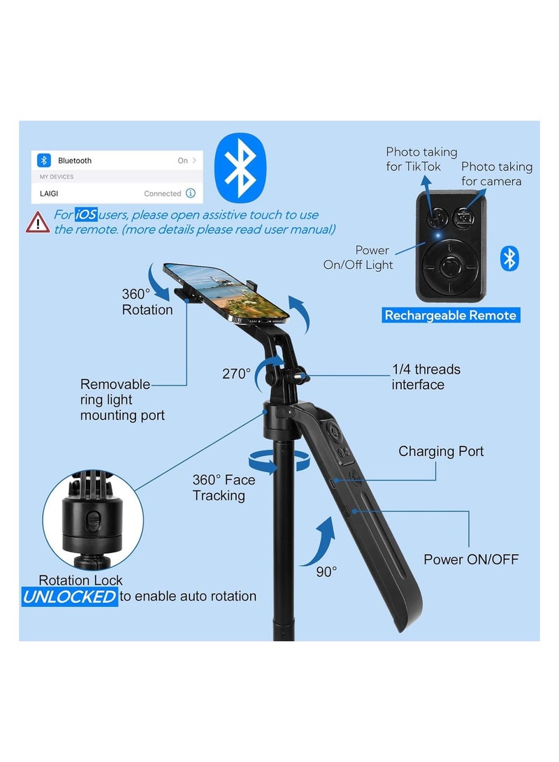 Highdas 70.9" AI Auto Face Tracking Tripod 360° Rotation with Stand & Light, Phone Camera Holder Stand with Remote & Gesture Control, Extendable Selfie Stick for GoPro/Travel/Vlog/Video/Tiktok/Live Streaming - Image 2